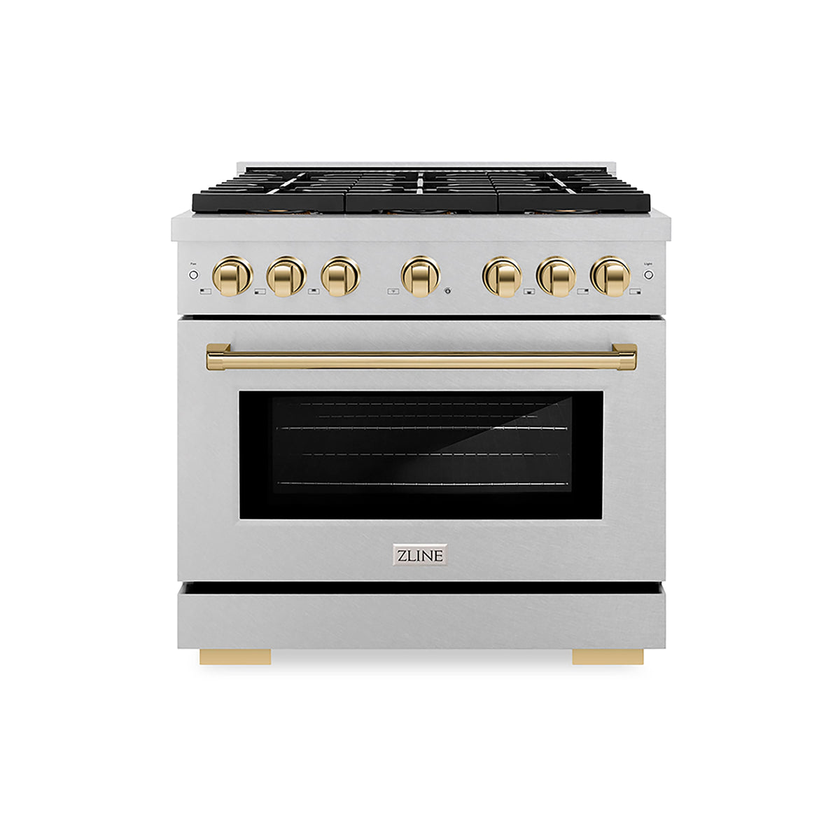 ZLINE - 36 in. Wide 6 Burner Autograph 5.2 cu. ft. Freestanding Paramount Gas DuoPro Range in Satin Steel and Polished Gold - Stainless Steel