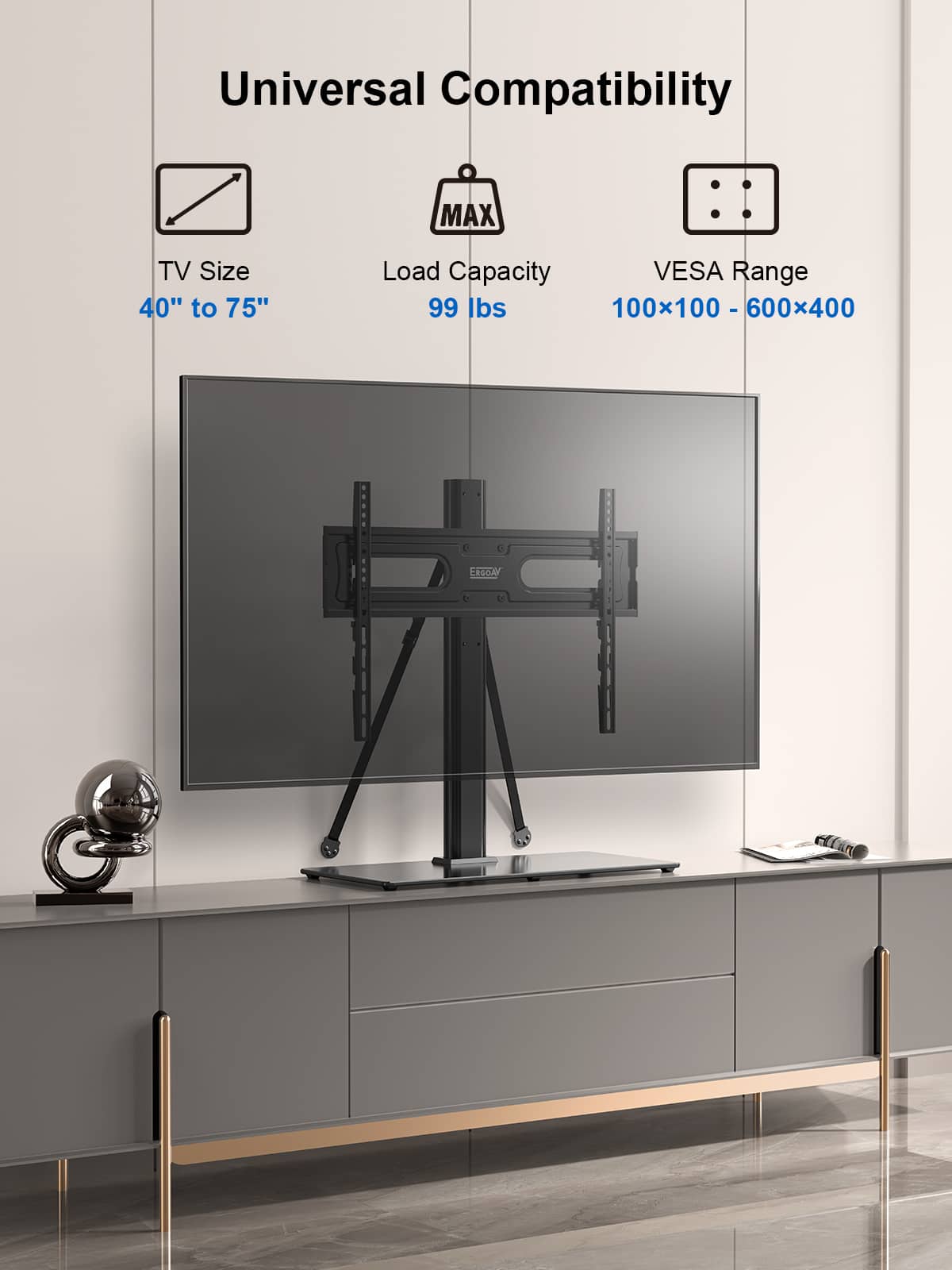 ErgoAV - Tabletop TV Stand+Swivel for 40 -75" TV - Black