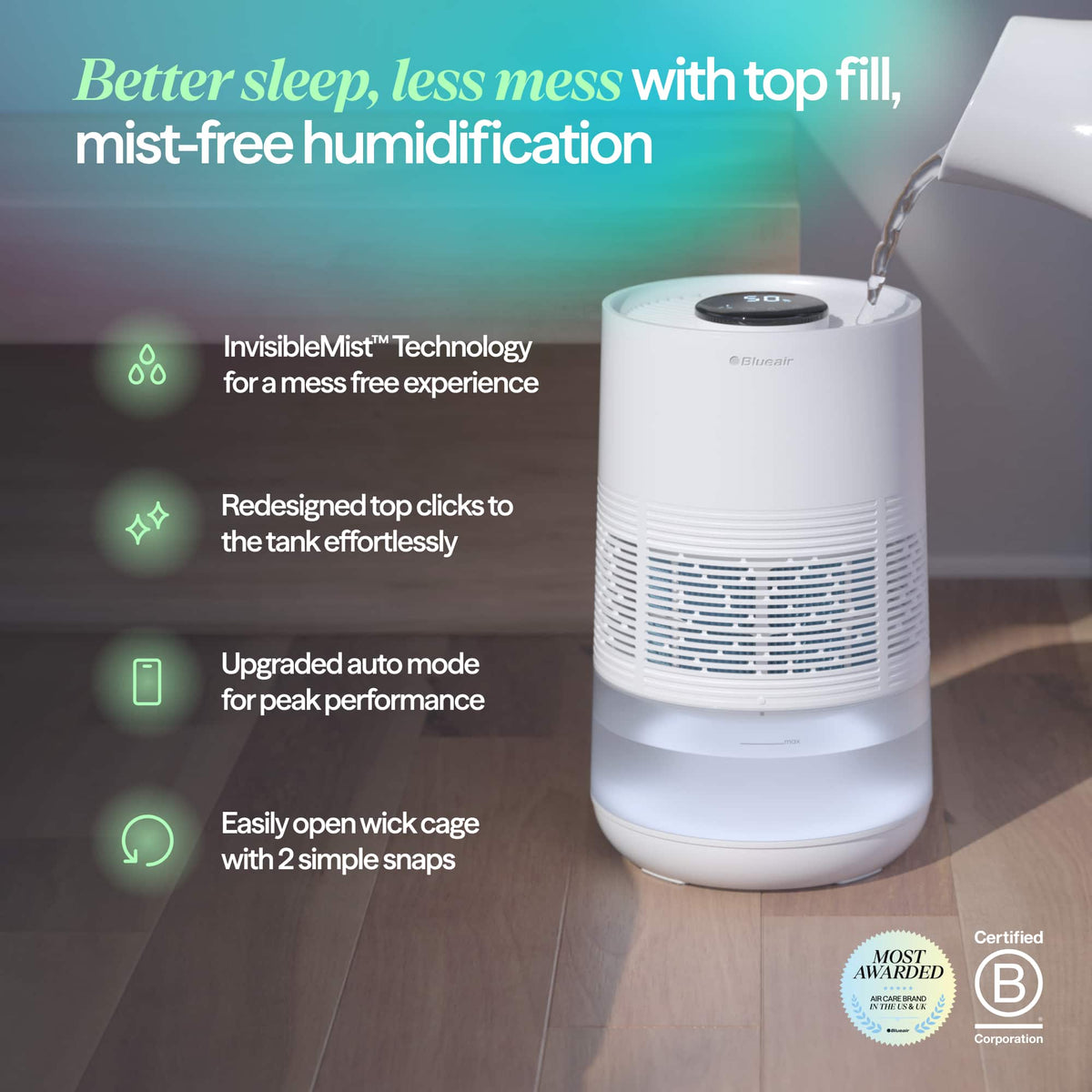Blueair - Smart Evaporative Humidifier with Invisible Mist Technology, 3.5L Tank, 500 Sq. Ft. Coverage - White
