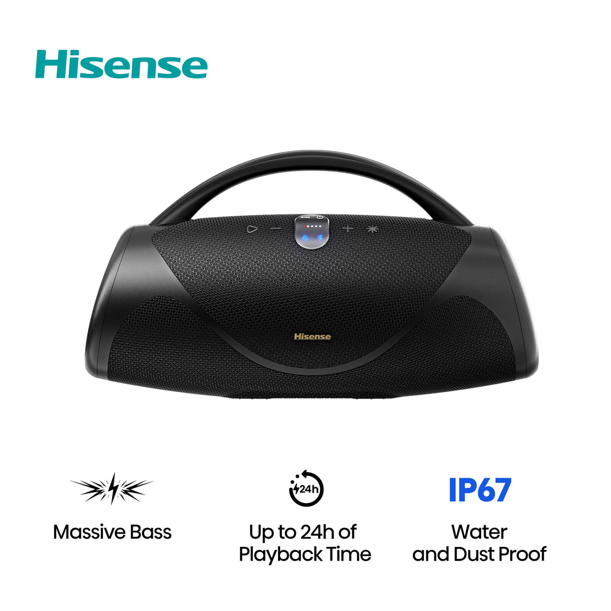 Hisense - Portable Bluetooth Speaker with rechargable battery, ambient lighting, Auracast, FM radio, IP67 - Black