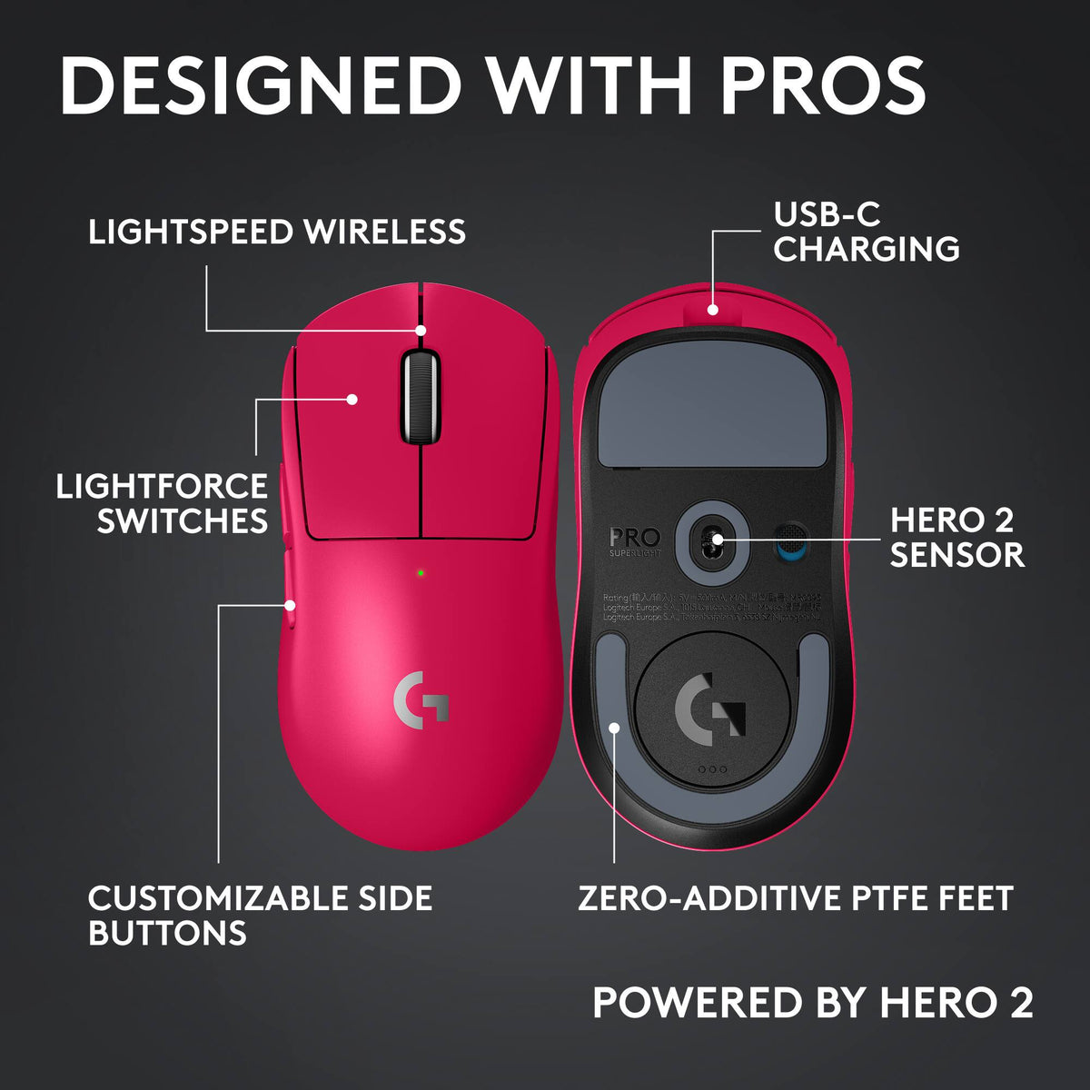 Logitech - PRO X SUPERLIGHT 2c LIGHTSPEED Lightweight Compact Wireless Optical HERO 2 Sensor 44 000 DPI Gaming Mouse for PC - Wireless - Magenta