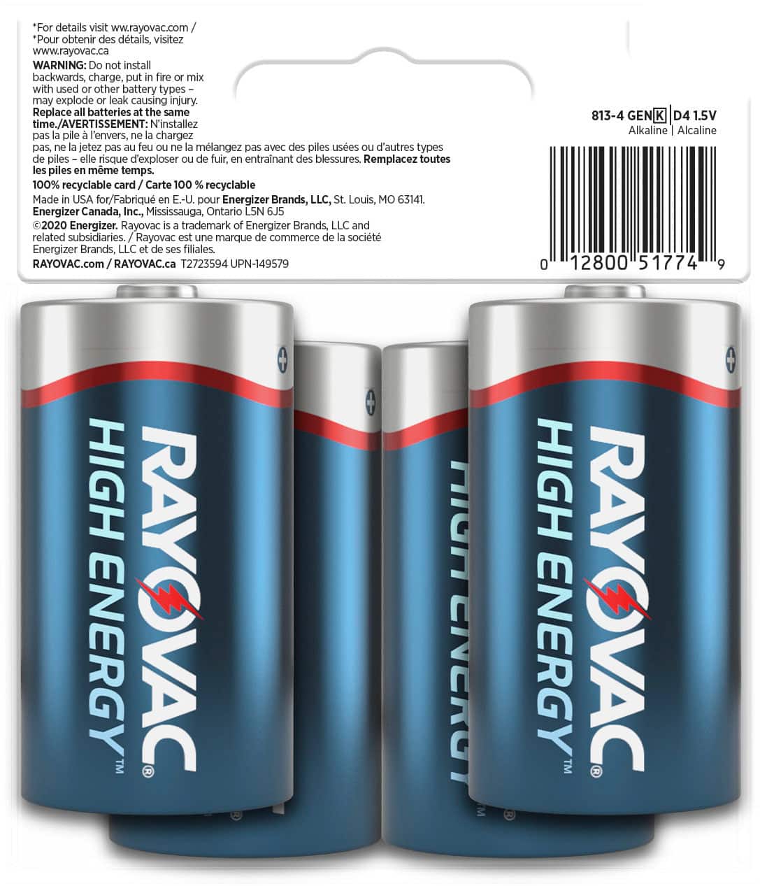 Rayovac - High Energy D Batteries (4 Pack), Alkaline D Cell Batteries
