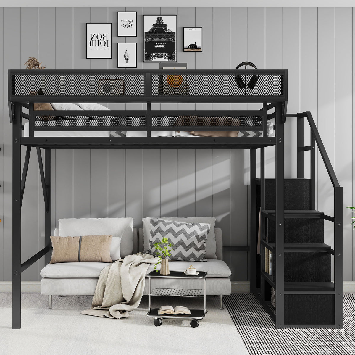Cama alta tamaño queen con escaleras, estantes de almacenamiento, armario - Negro