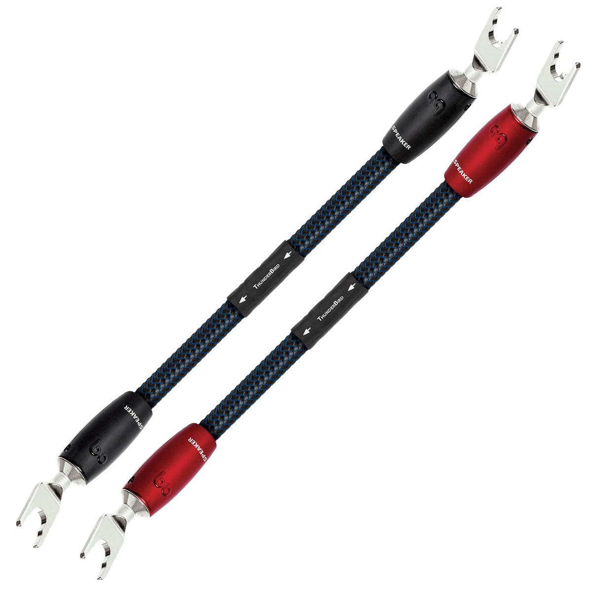 AudioQuest - ThunderBird BiWire Jumpers 0.7' w/ 500 Series Connectors with Multi-Spade to Multi-Spade Connectors - Blue on Black