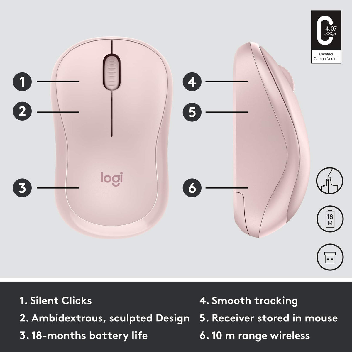 Logitech - M220 SILENT Wireless Optical Ambidextrous Mouse - Wireless - Rose