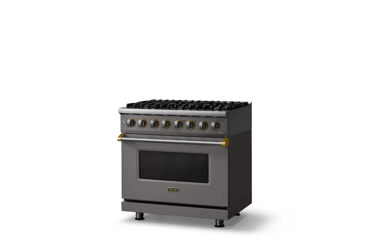 Viking - 36 in. Wide 6 Burner Pro 5 Series 5.6 Cu. Ft. Freestanding Sealed LP DF Convection Range with Brushed Brass Trim - Damascus Gray