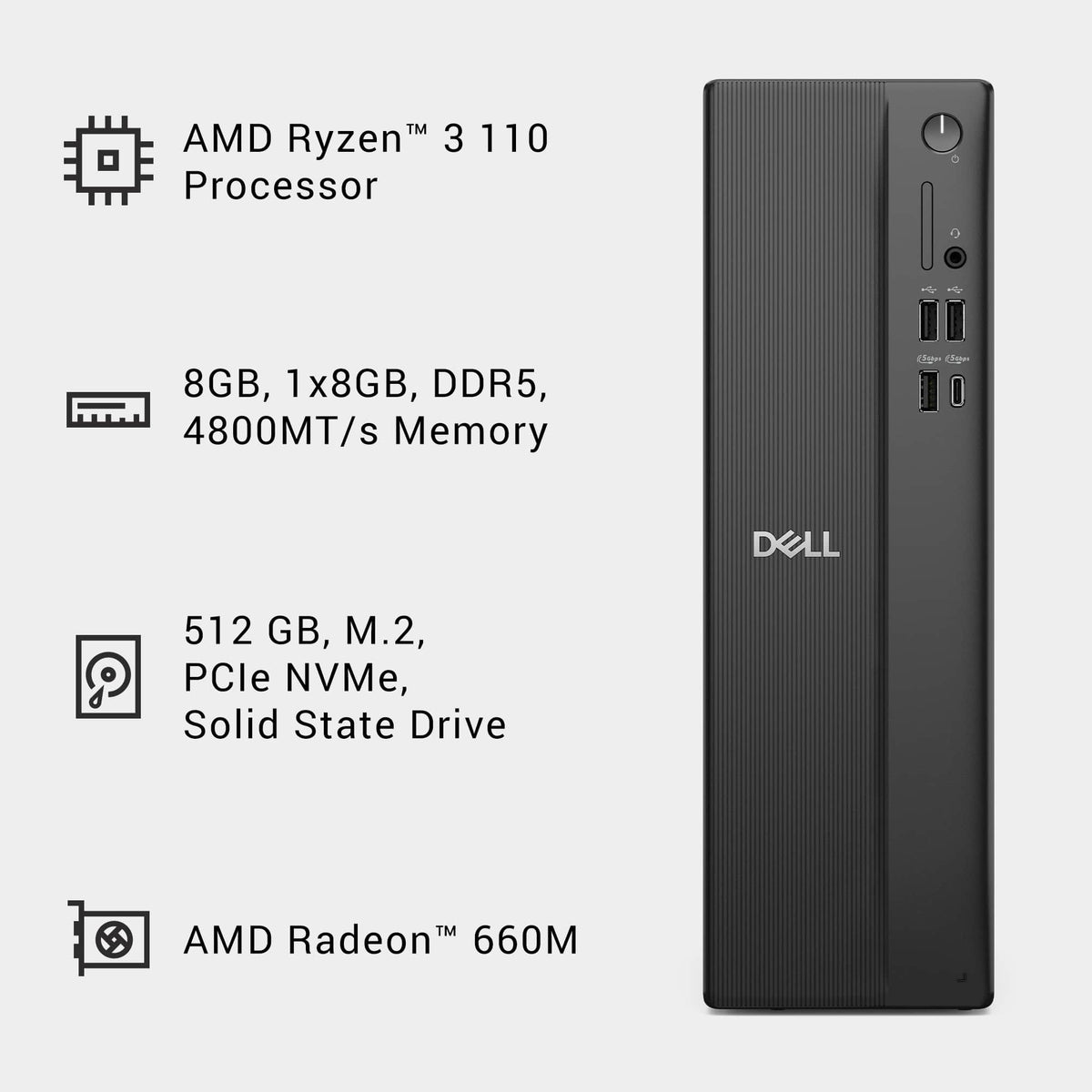 Dell - Slim Desktop - AMD Ryzen 100 Series 110 2025 - 8GB Memory - AMD Radeon 660M - 512GB Storage - Black