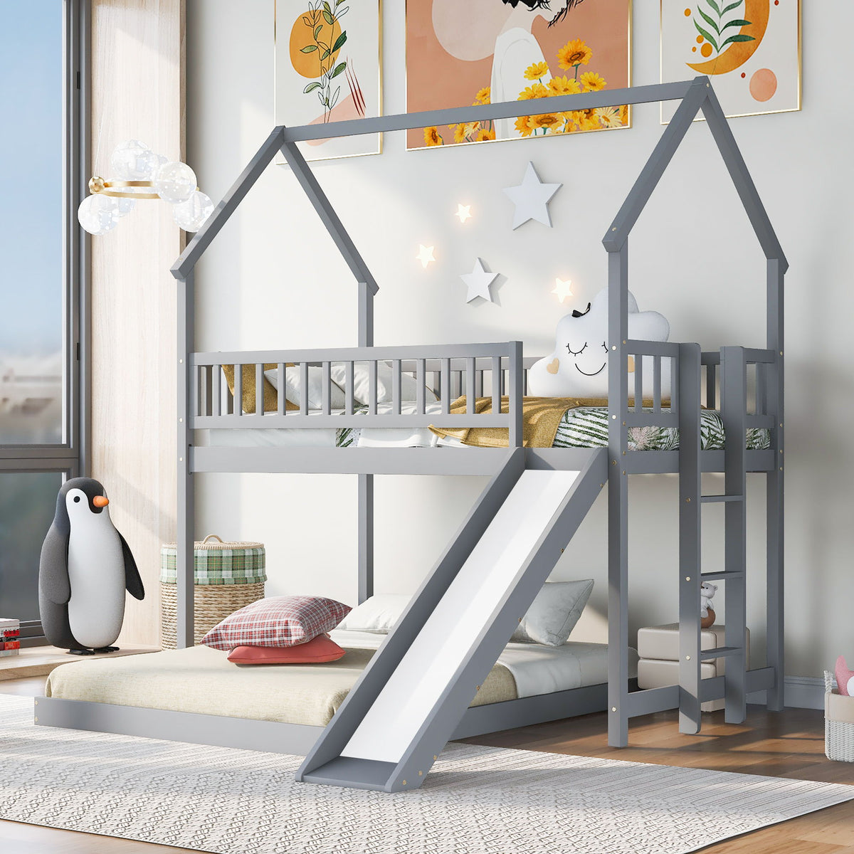House Bunk Bed With Slide And Built In Ladder