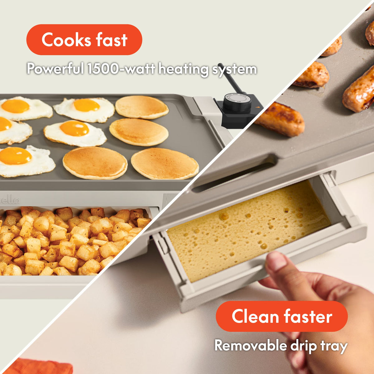 Bella - 10" x 20" Electric Griddle with Warming Tray - Oatmilk
