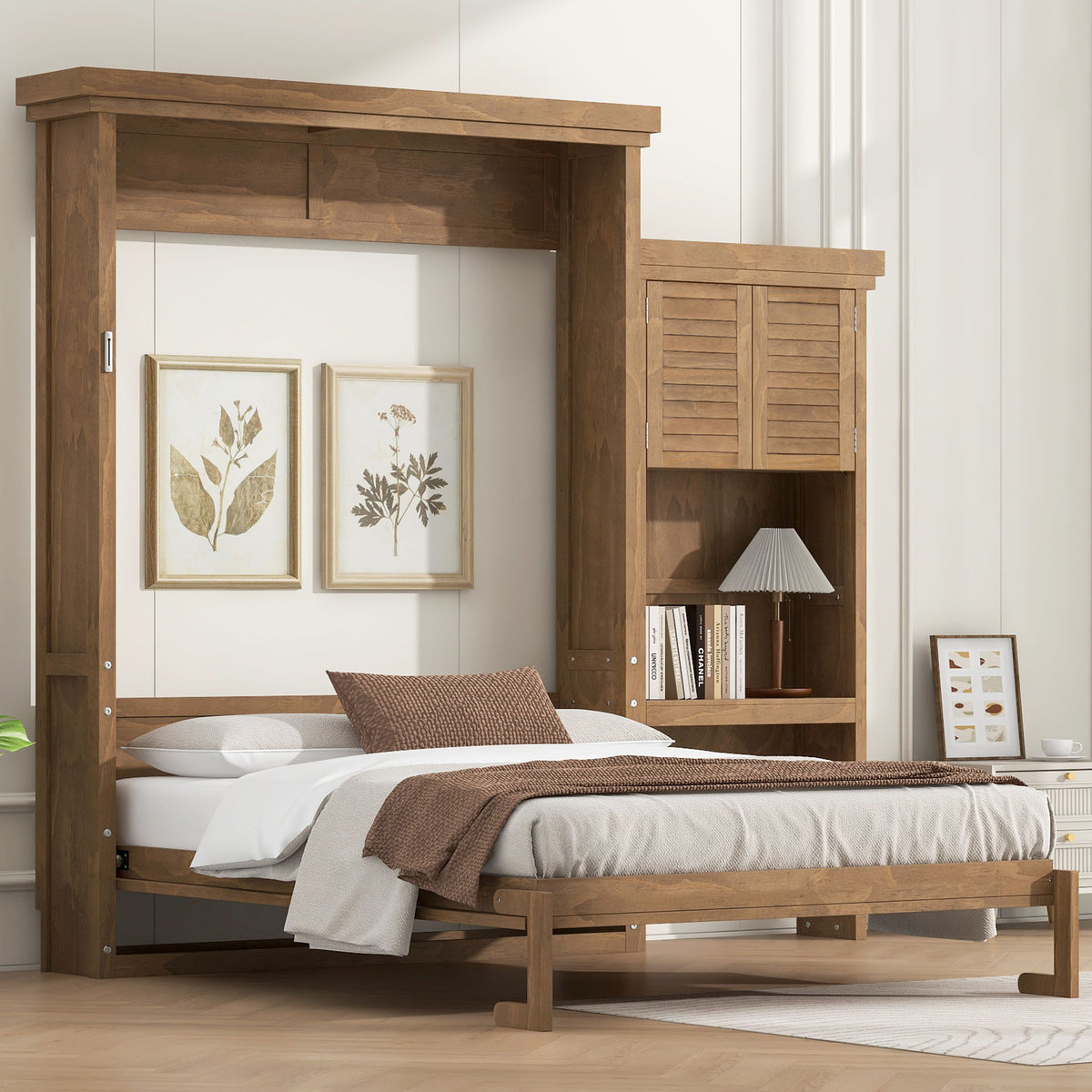 Queen Size Murphy Bed With Louvered Design And Multiple Storage Shelves - Wood