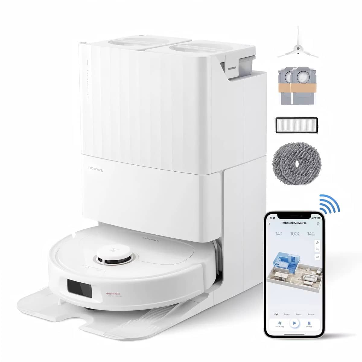Roborock - Qrevo Pro Wi-Fi Connected Robot Vacuum and Mop with FlexiArm Design Edge Mopping, Dynamic Hot Water Mop Washing - White