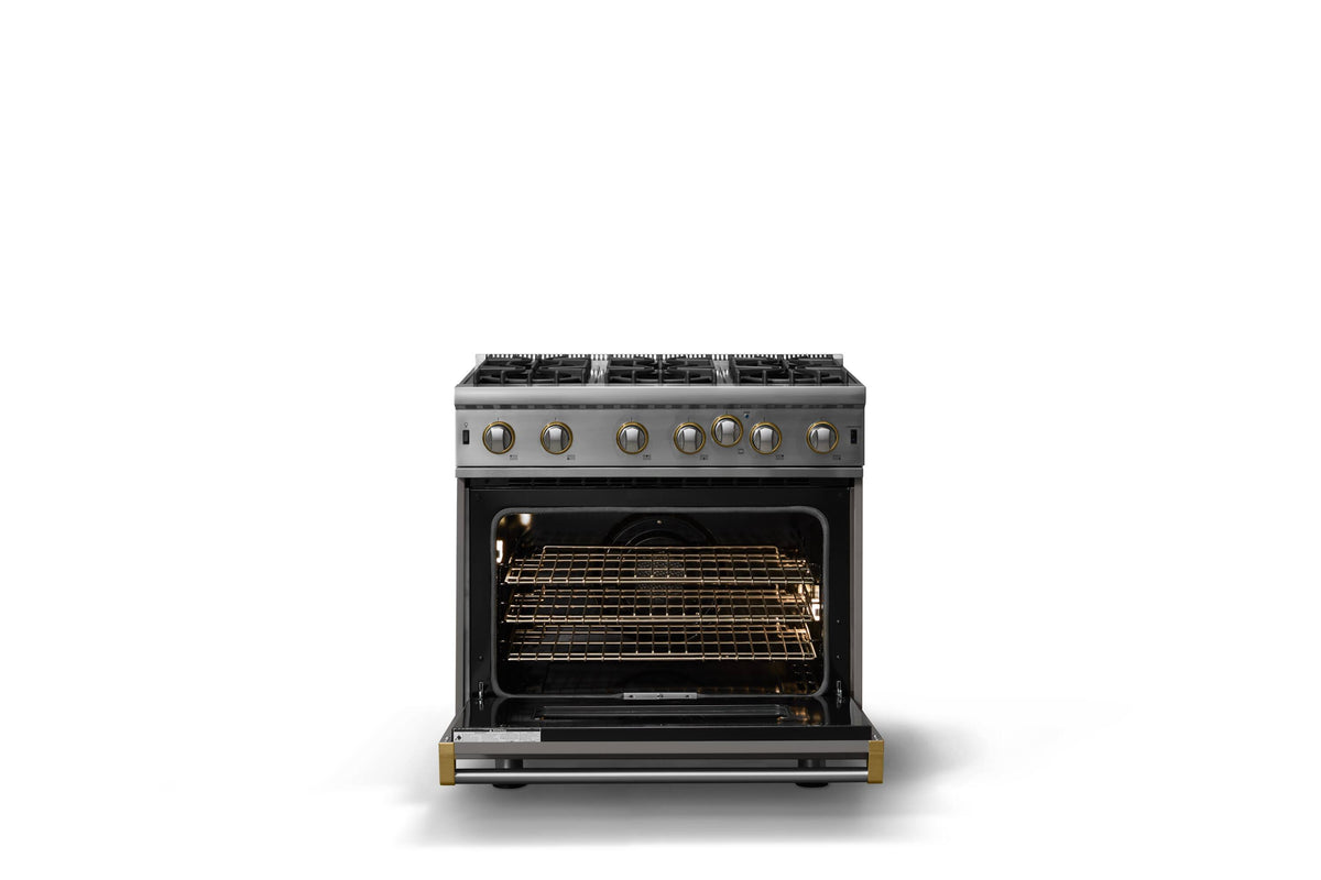 Viking - 30"W. 5.1 Cu. Ft. Freestanding Self-Clean Open Burner Gas Convection Range - Damascus Gray w. Brushed Brass Trim - Damascus Gray