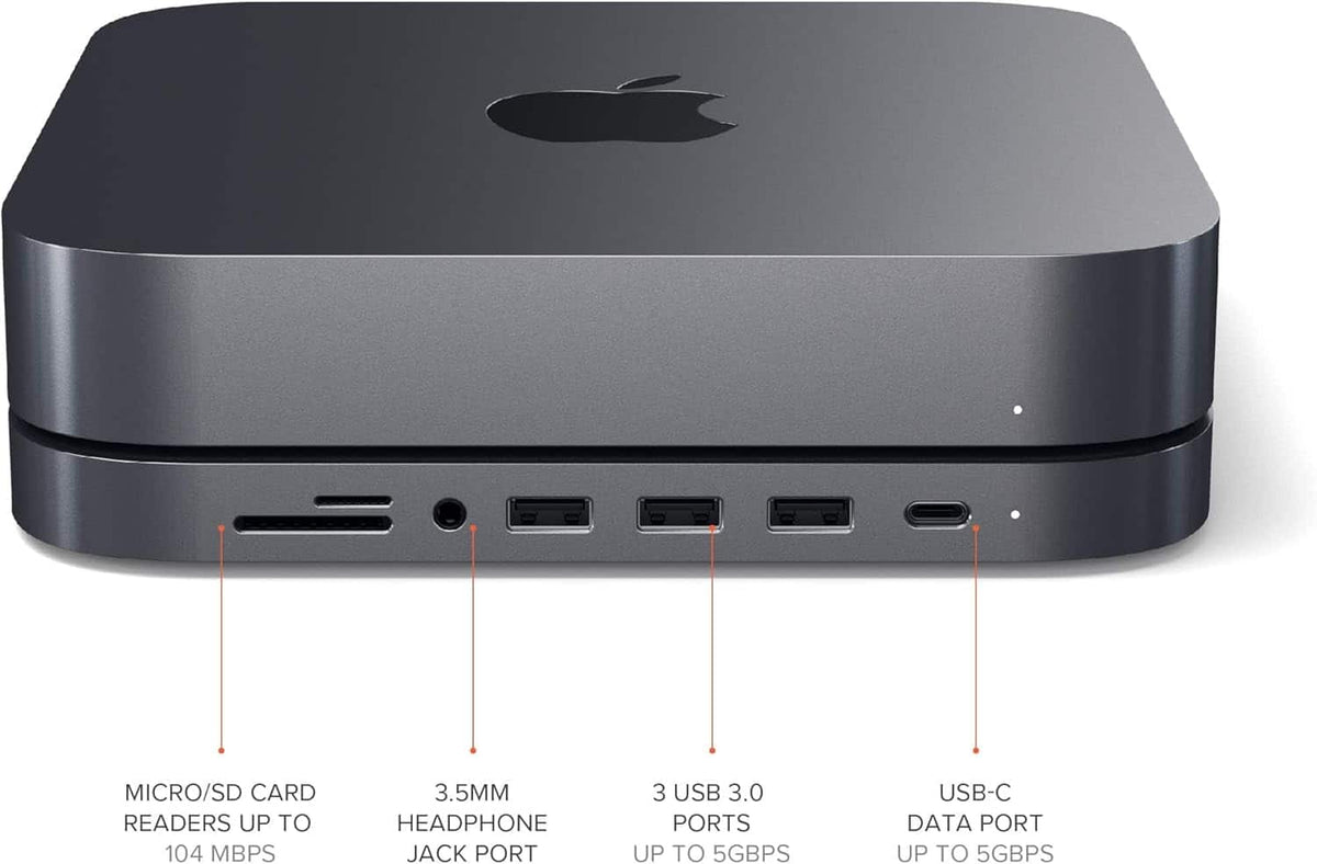 Satechi - Type-C Aluminum Stand and Hub for Mac Mini & Mac Studio - USB-C Data Port, Micro/SD Card Reader, 3 USB 3.0 & Audio Jack - Space Gray