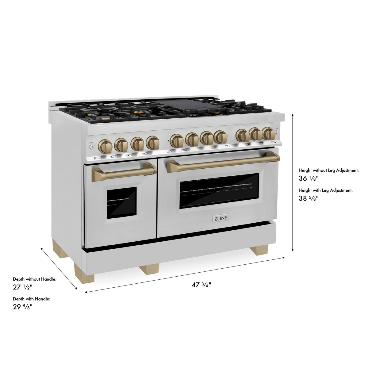 ZLINE - 48 in. Wide 8 Burner Autograph 6.0 cu. ft. Legacy Freestanding Dual Fuel Range with Convection Oven w/ Bronze Accents - Stainless Steel