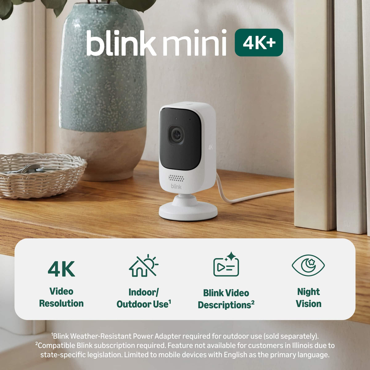 Blink - Mini 4K+ (newest model), plug-in indoor camera, 4K video resolution, HDR, Night Vision, motion detection - White