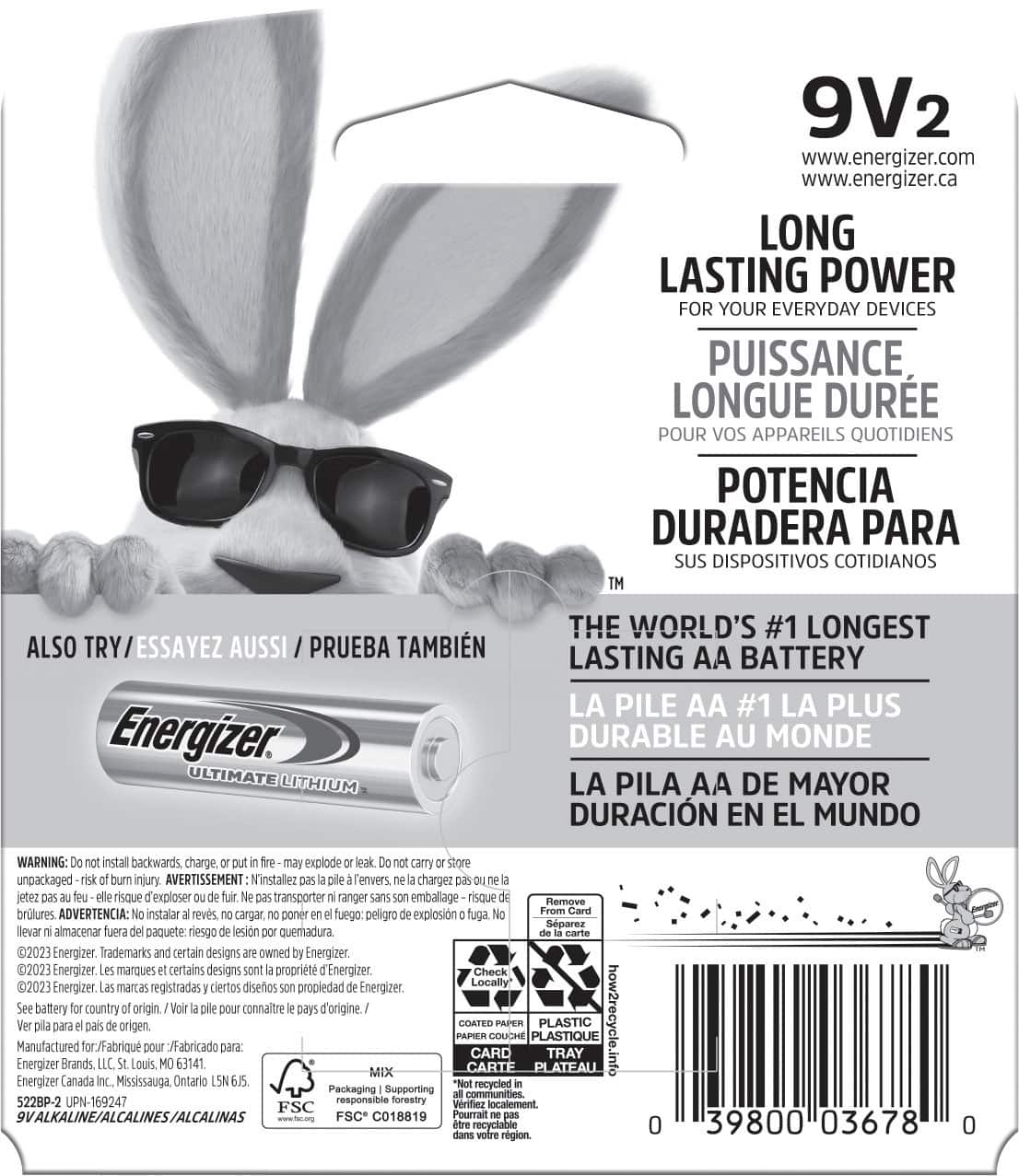 Energizer - MAX 9V Batteries (2 Pack), 9 Volt Alkaline Batteries