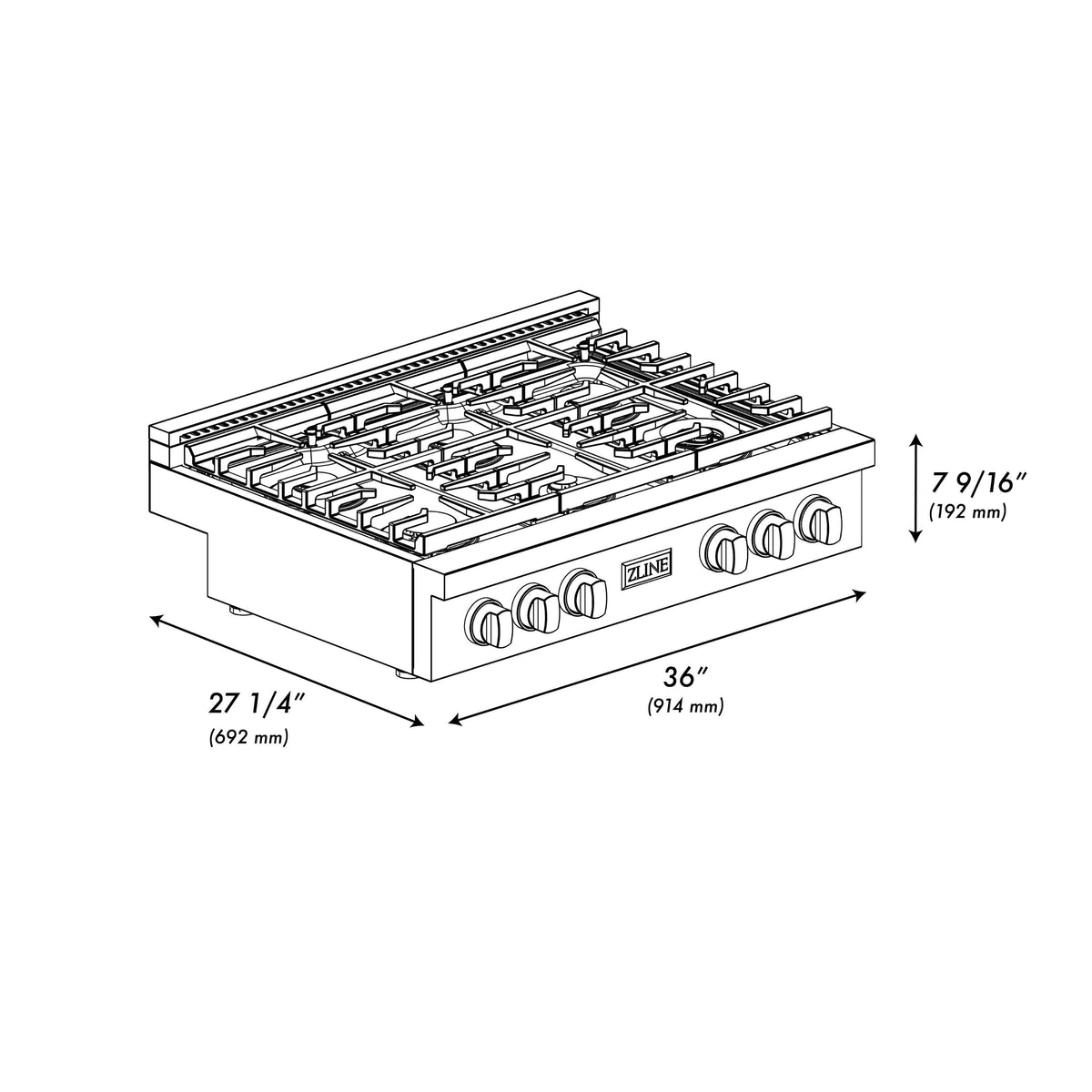ZLINE - 36 in. Wide 6 Burner AutographParamount Gas Rangetop in Black Satin Stainless Steel with Gold Accents (SRTBSZ-36-G) - Black Satin Stainless Steel