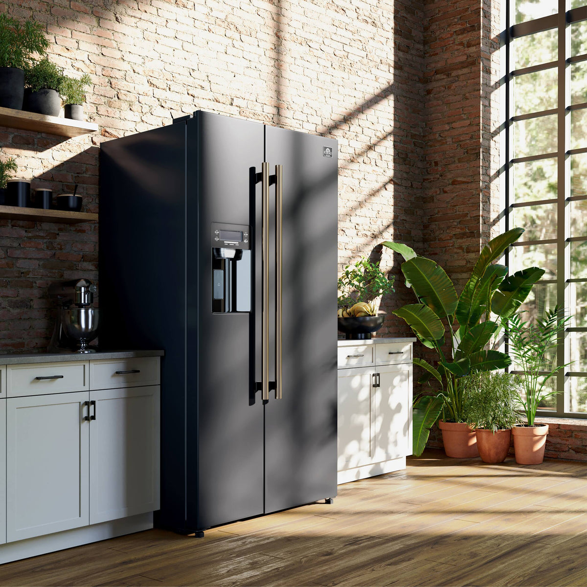 Forno Appliances - 36 in. Wide Salerno 20 Cu. Ft. Side-by-Side Counter-Depth Refrigerator with Ice and Water Dispenser - Black