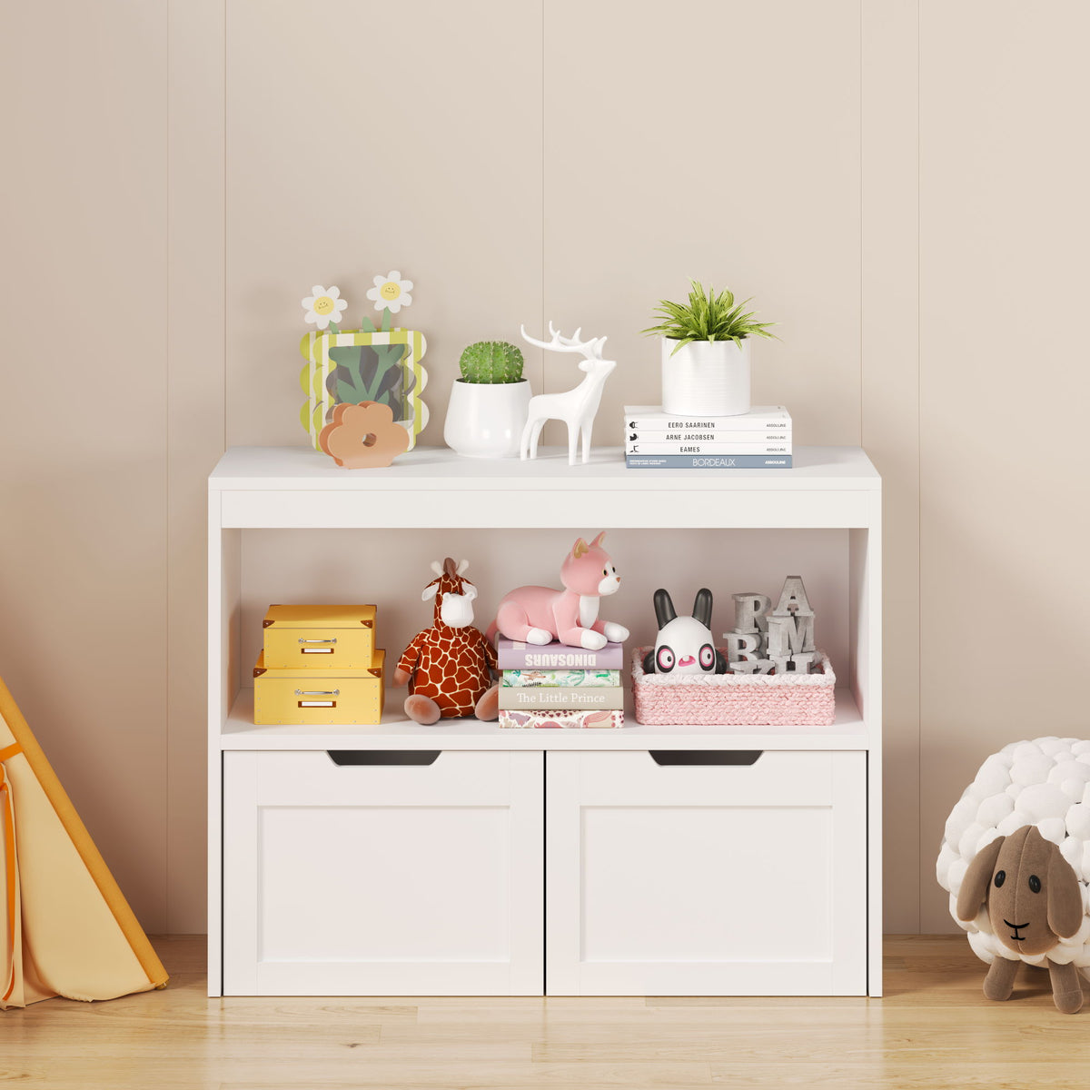 Book Organizer With Large Drawers And Open Shelves, Toy Storage Cabinet With Removable Wheels And Rounded Edges - White