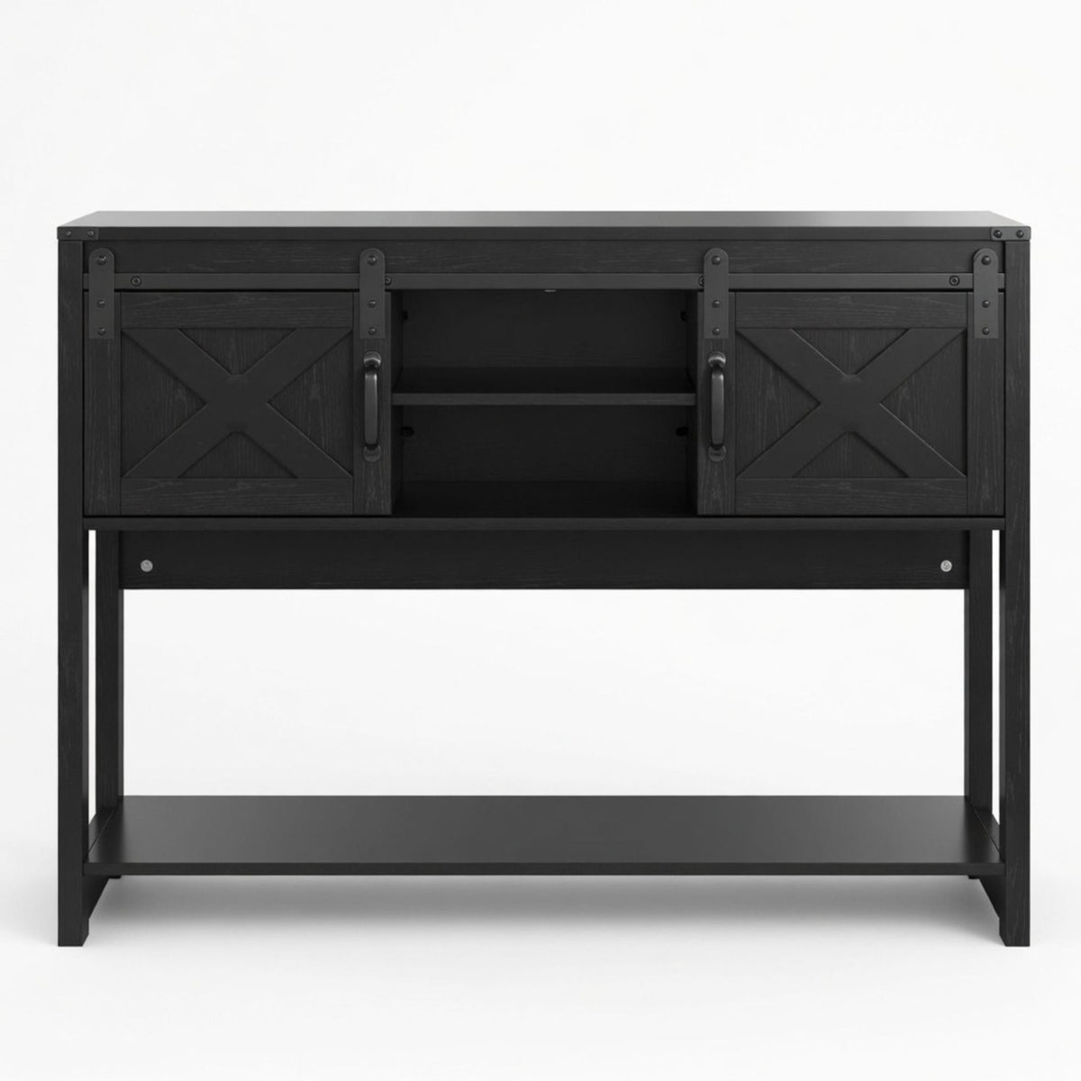 Mesa de entrada rústica con puerta corrediza estilo granero