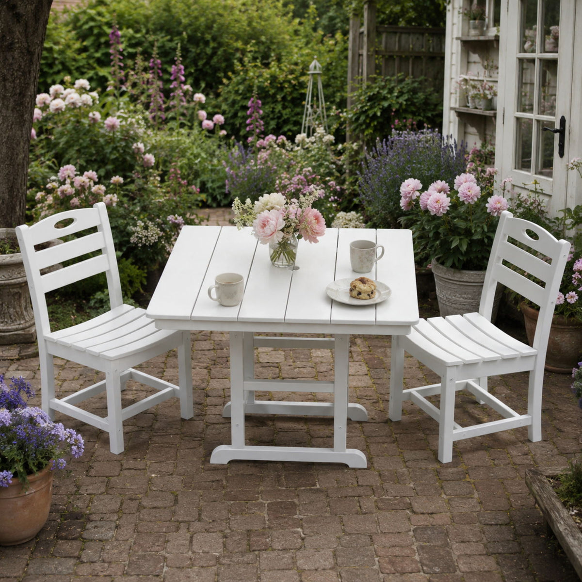 Juego de comedor para patio exterior, mesa cuadrada con orificio para sombrilla y sillas sin brazos