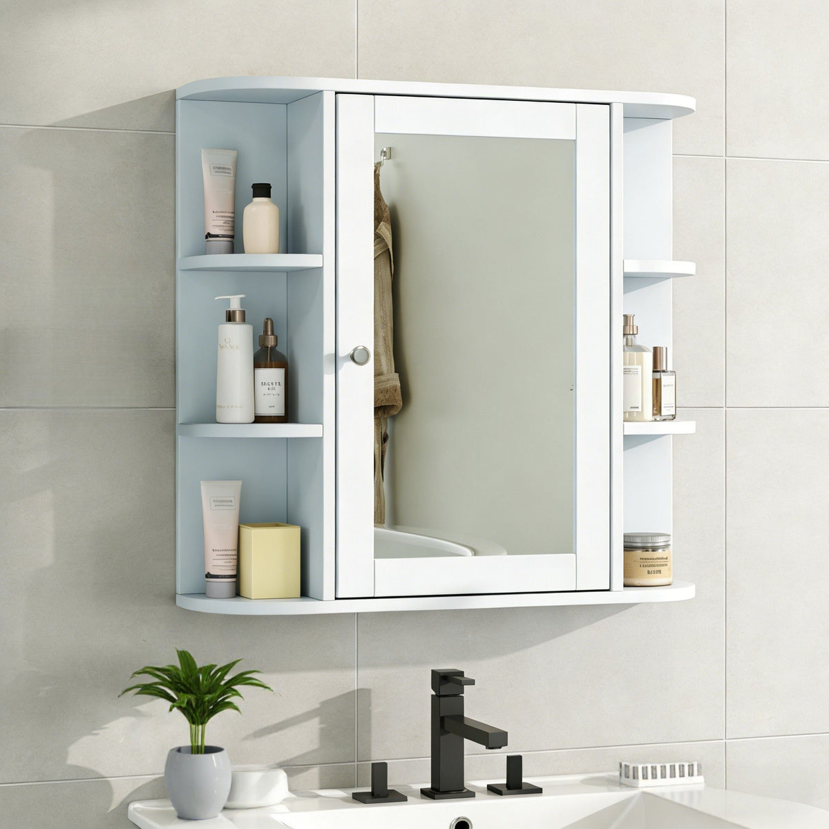 Armario de pared para baño con espejo y estante ajustable, 6 estantes abiertos