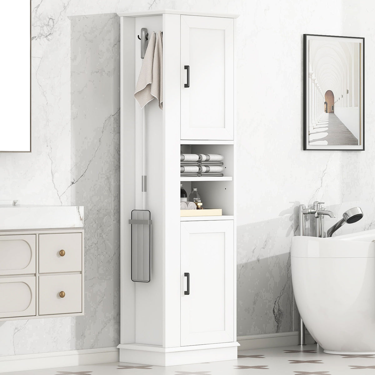 Armario de baño alto independiente con estantes ajustables y panel de ganchos laterales, diseño rectangular