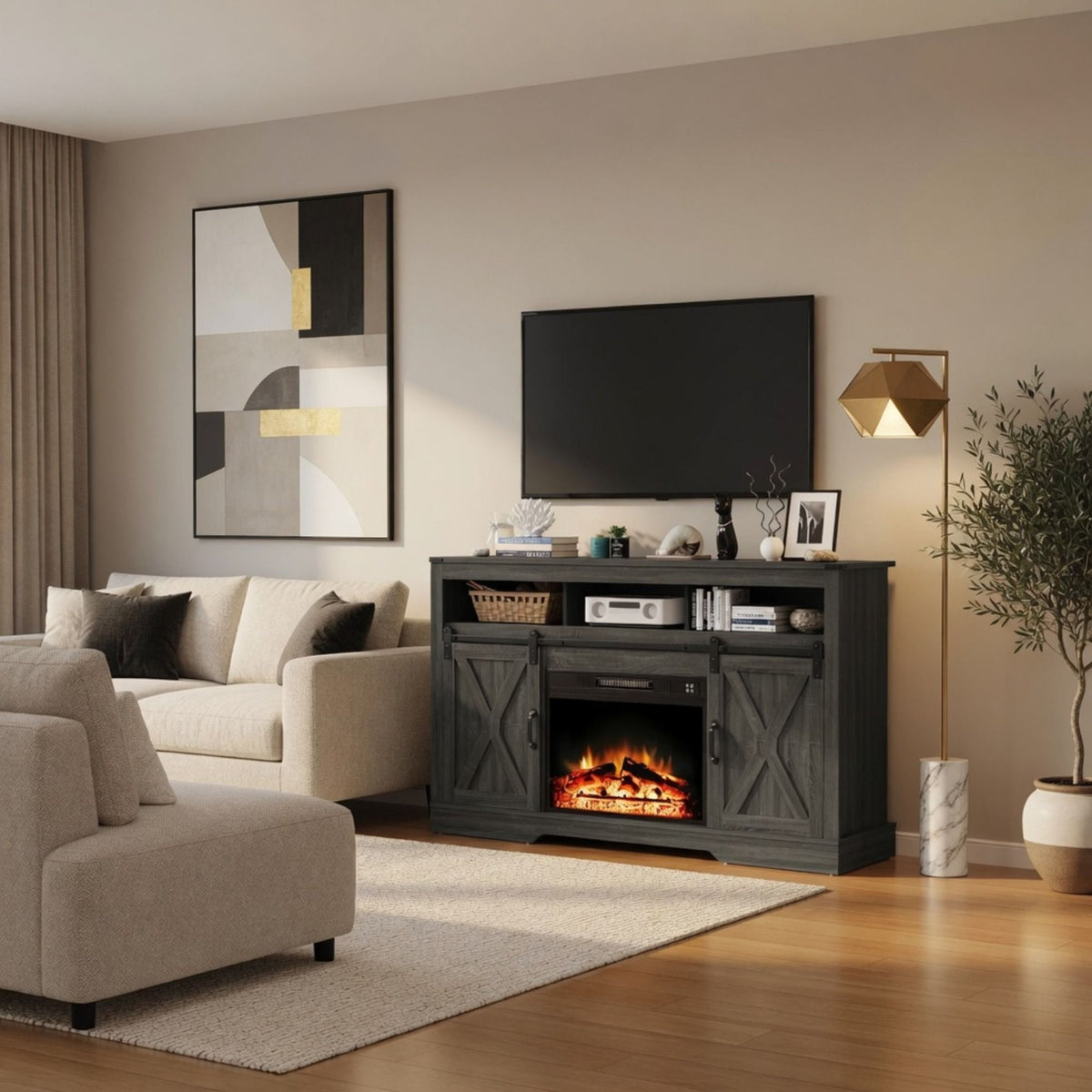 Calentador Eléctrico para Chimenea con Llamas Multicolor, Control Remoto - Negro