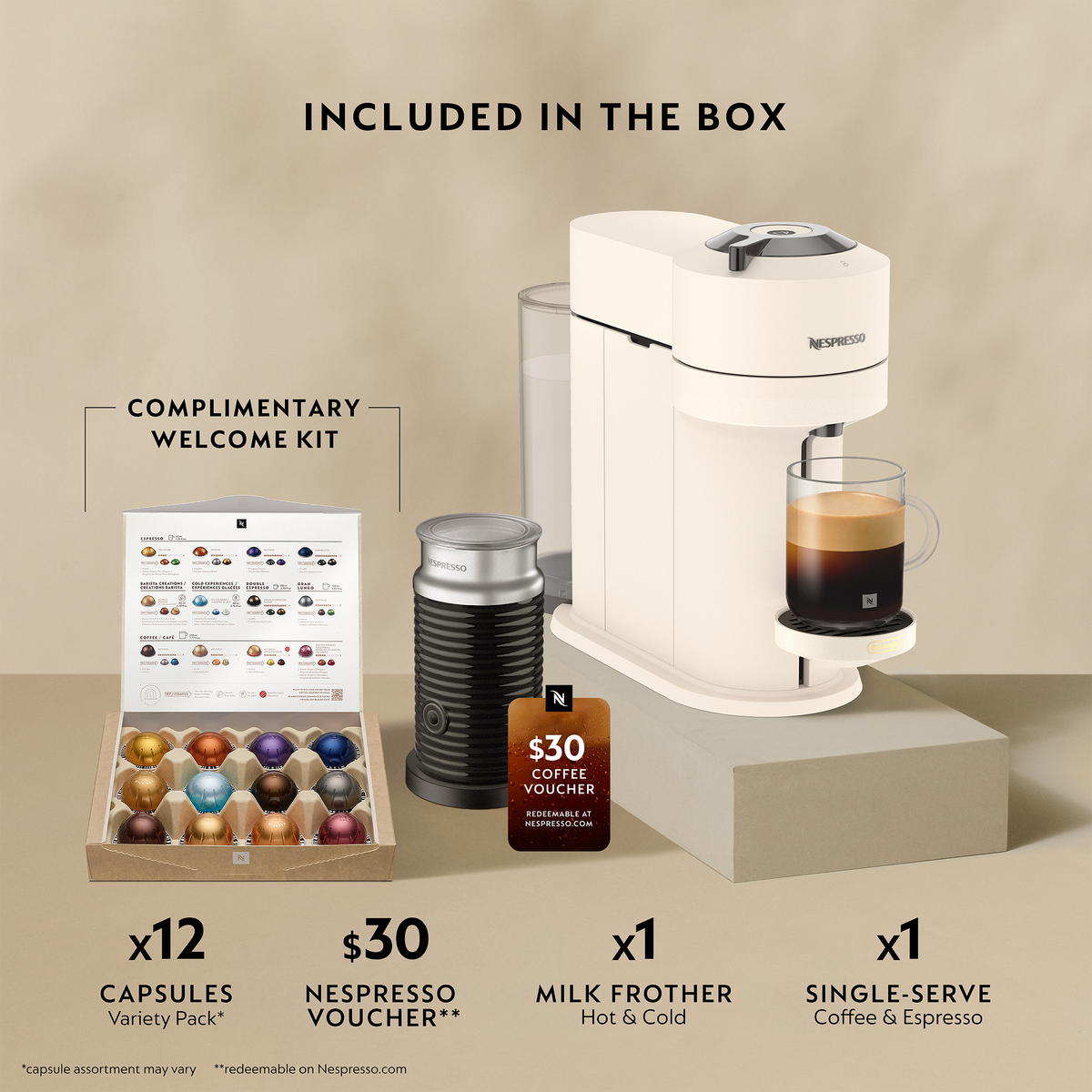 Nespresso - Vertuo Next Premium Coffee and Espresso Maker by Breville with Aeroccino Milk Frother, Dark Chrome - Creamy White