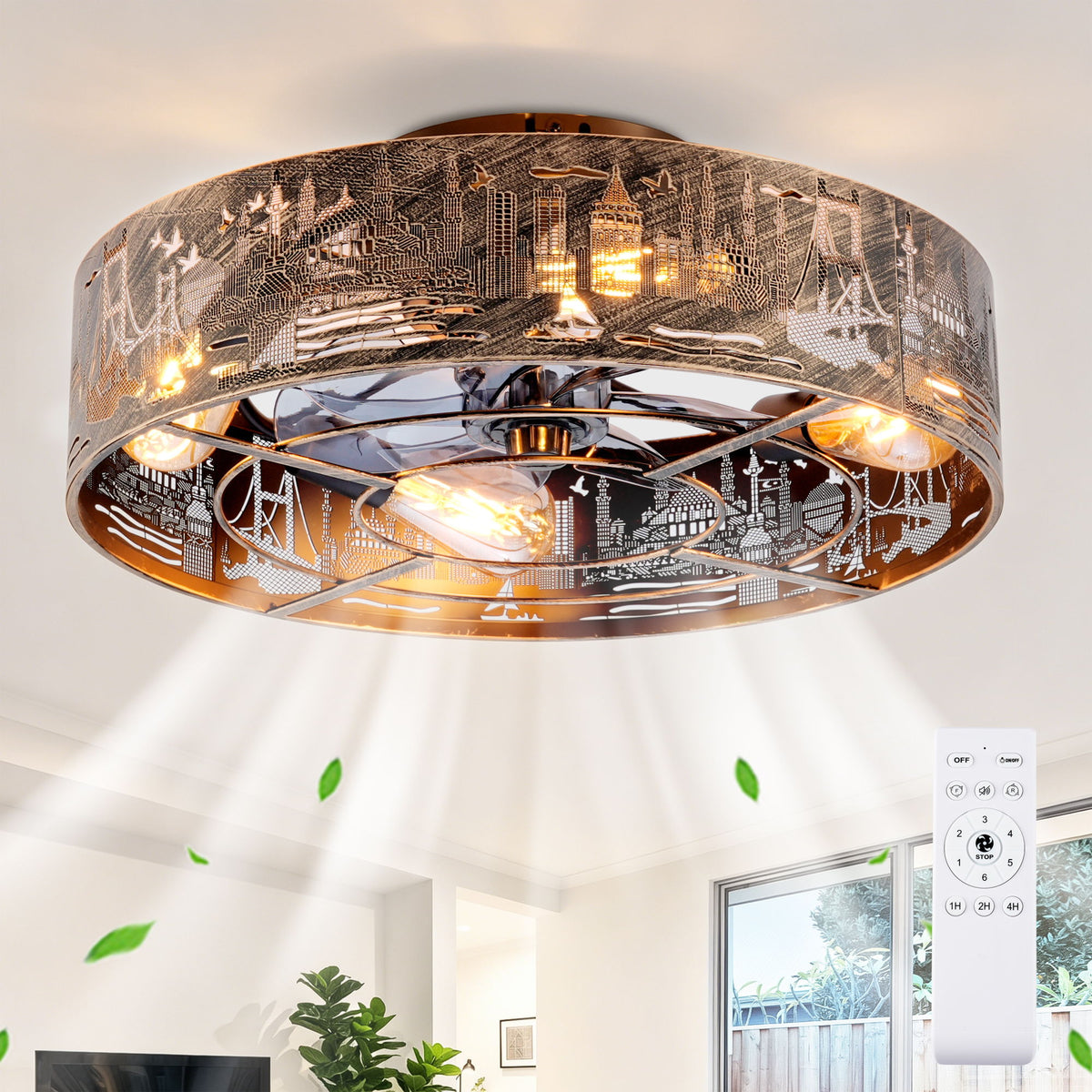 Ventiladores de techo de arte en hierro de 20" con control remoto, ventilador de techo de montaje empotrado con motor reversible de 6 velocidades, bombillas no incluidas - Rosa / Dorado / Bronce