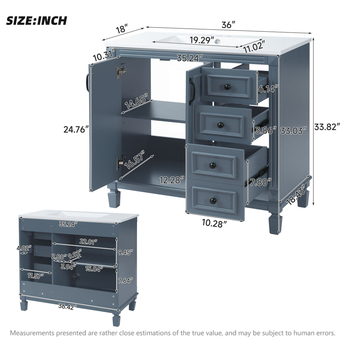 Bathroom Vanity With Sink And Storage, 2 Drawers, 1 Deep Drawer, Adjustable Shelf - Blue