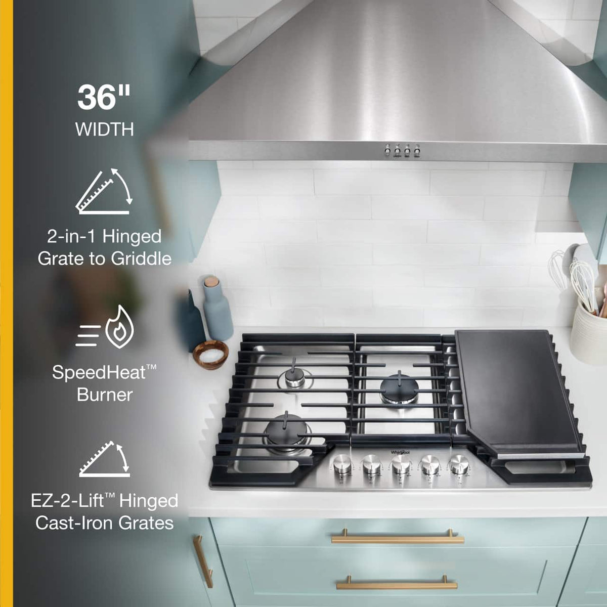 Whirlpool - 36 in. Wide 5 burners Built-In Gas Cooktop with  2-in-1 Hinged Grate to Griddle - Stainless Steel