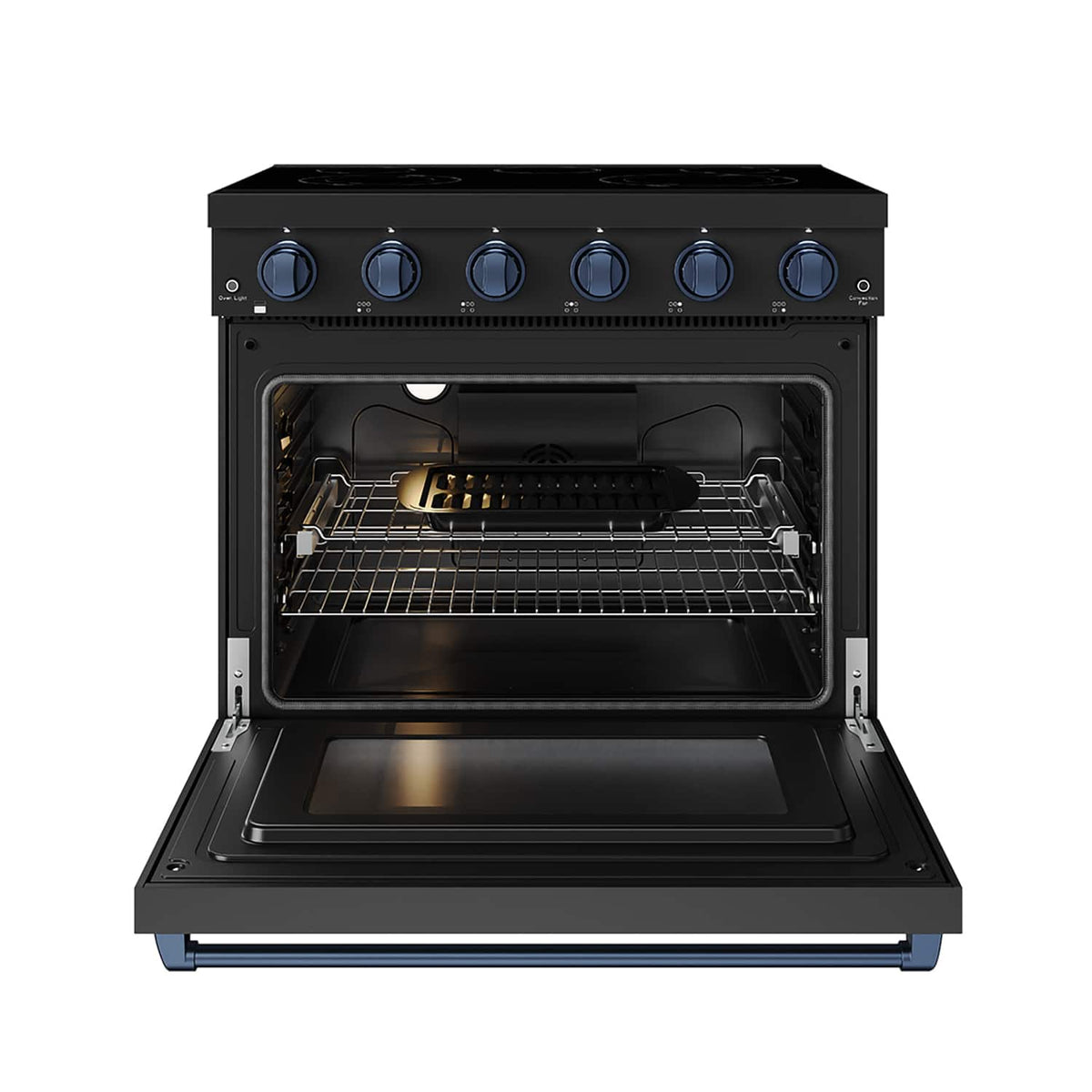 36 in. Wide 5 Elements Gordon Ramsay Series by Thor Kitchen 6.0 Cu.Ft Freestanding Electric Range with Navy Blue Handles - Black