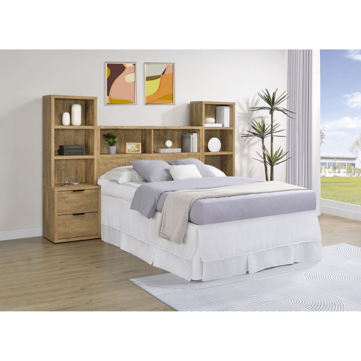 Geary - Set de dormitorio de 3 piezas con cabecero con estantería