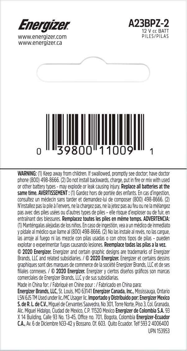 Energizer - A23 Batteries (2 Pack), Miniature Alkaline Small Batteries