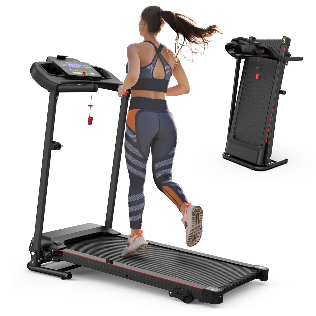 Cinta de correr eléctrica plegable con motor de 2.5 Hp, velocidad de 12 Km/h, 3 niveles de inclinación, música Bluetooth, sensor de ritmo cardíaco, cinta de correr espaciosa para interiores - Negra