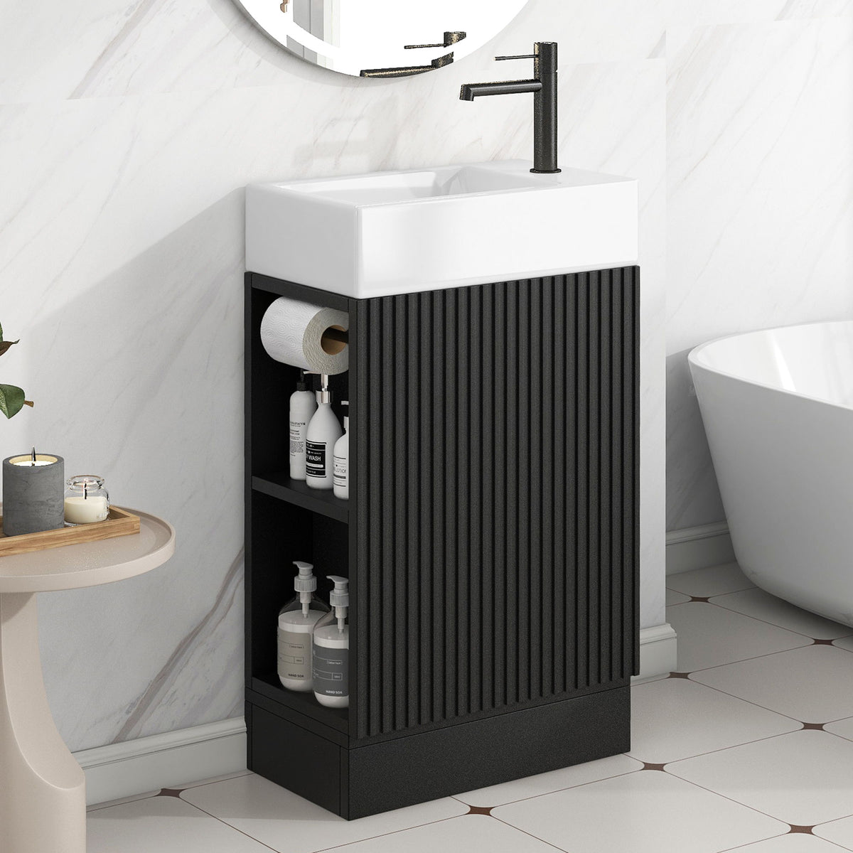Tocador de baño moderno con lavabo y estante de 2 niveles