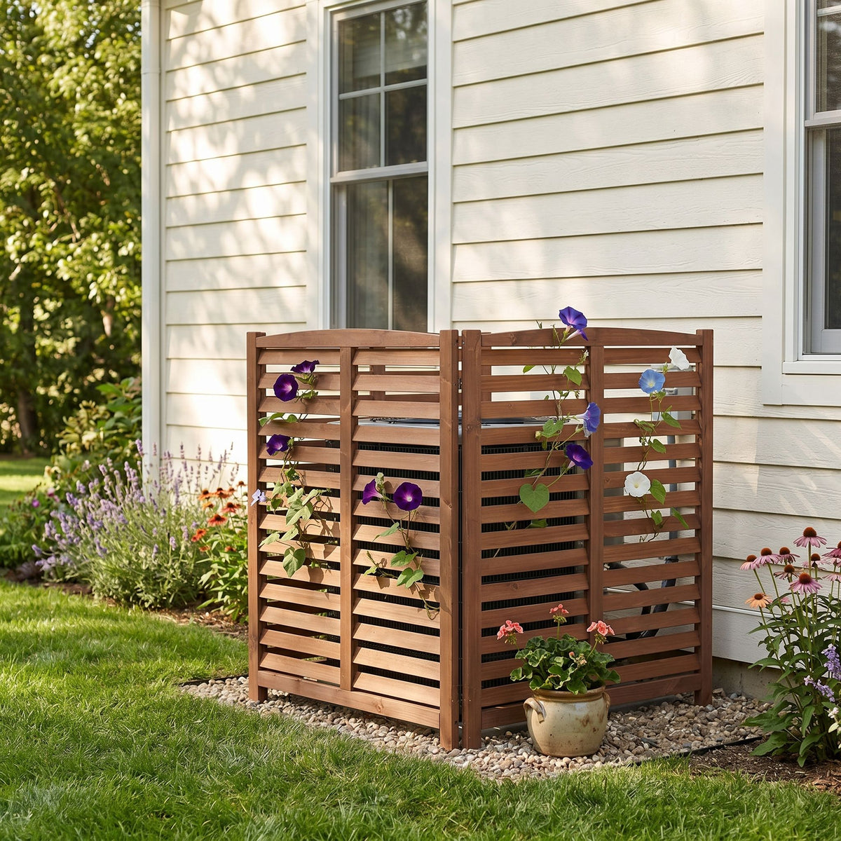 Valla de madera de 3 paneles para unidad de aire acondicionado exterior