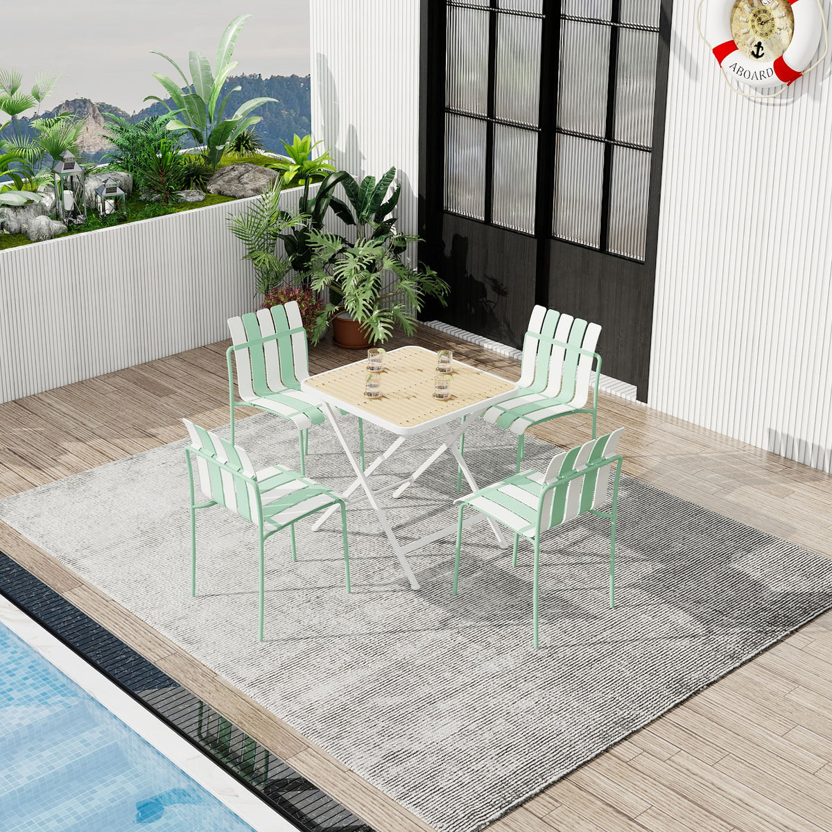Juego de 4 sillas individuales con diseño de bloques de color y mesa cuadrada plegable - Verde neblina / Caqui / Blanco