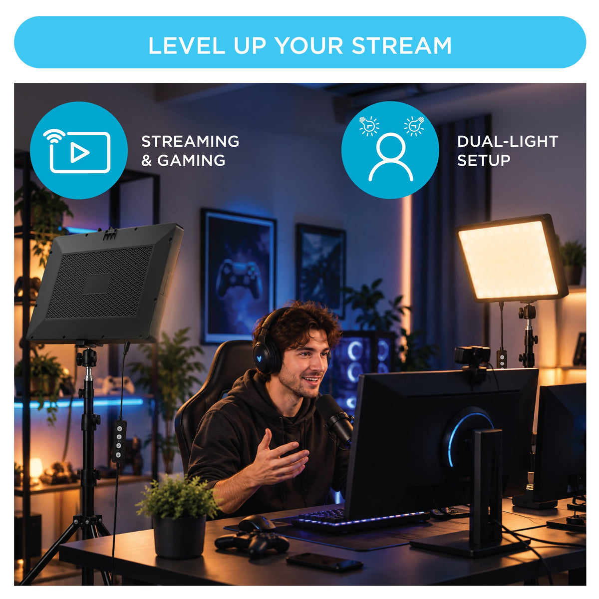 Bower - 12" Creator Light Kit with Two LED Panel Lights, 50" Stands and Phone Holders - Black