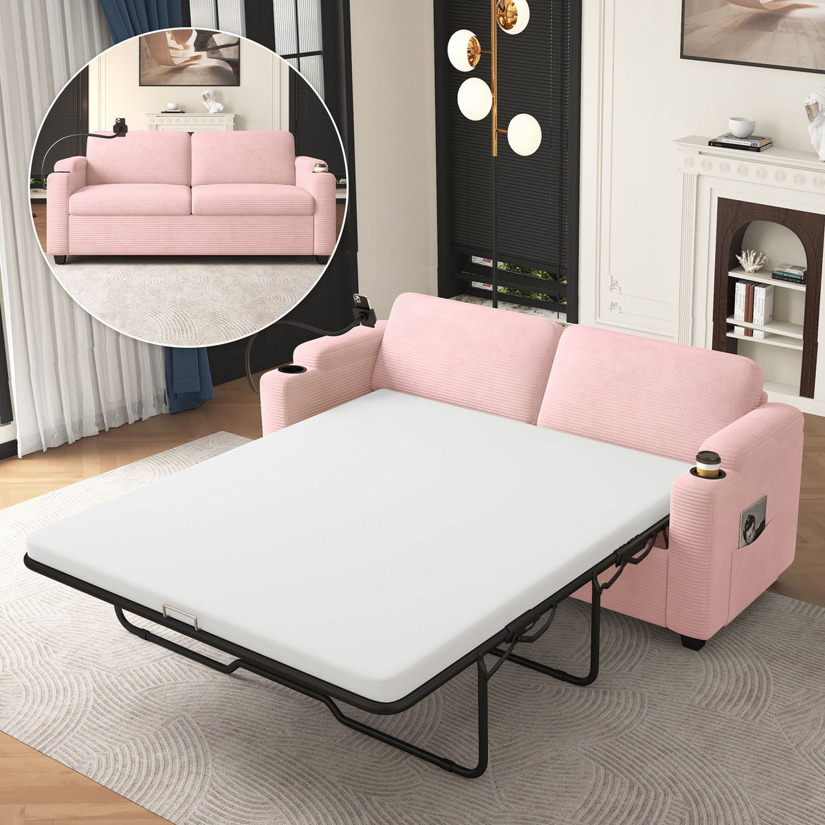 Sofá cama de dos plazas con colchón de tamaño completo, 2 puertos USB, 2 portavasos, 2 bolsillos laterales y soporte para teléfono