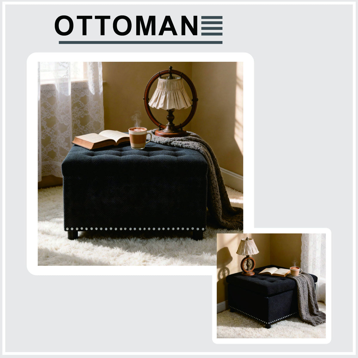 Otomana cuadrada con botones y borde de tachuelas