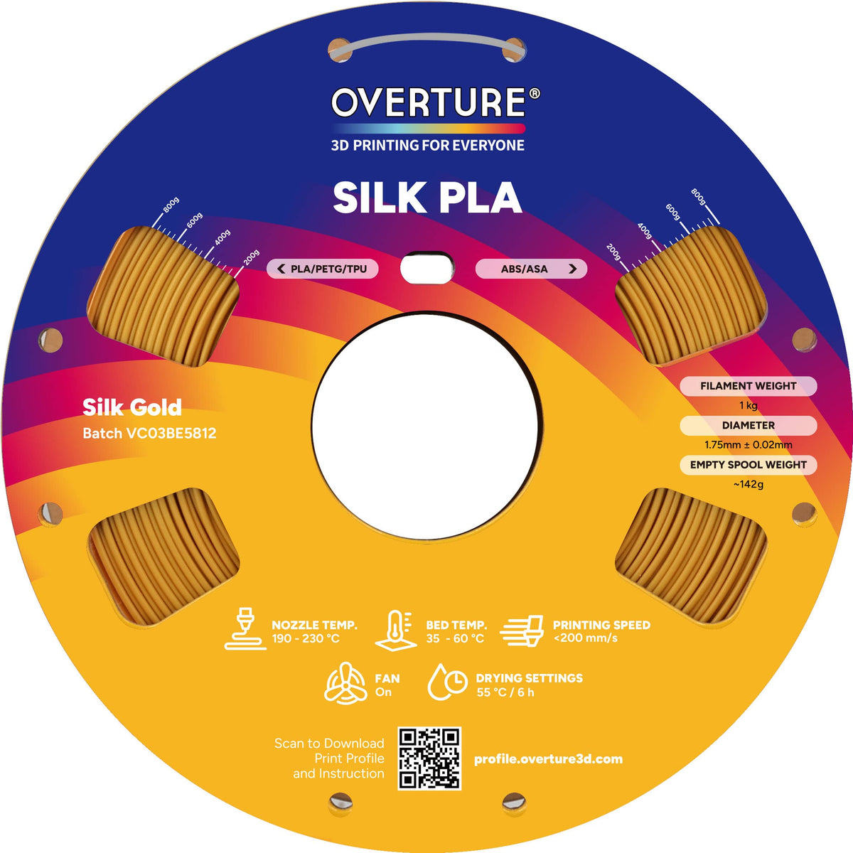 Overture - 1.75 mm Silk PLA 3D Printer Filament - Silk Gold