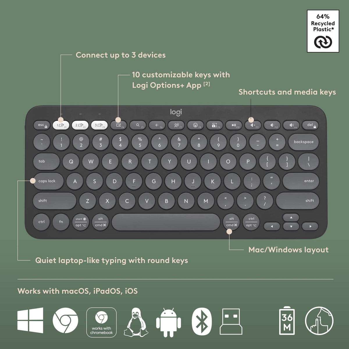 Logitech - Pebble 2 Combo Compact Wireless Scissor Keyboard and Mouse Bundle for Windows, macOS, iPadOS, Chrome - Graphite