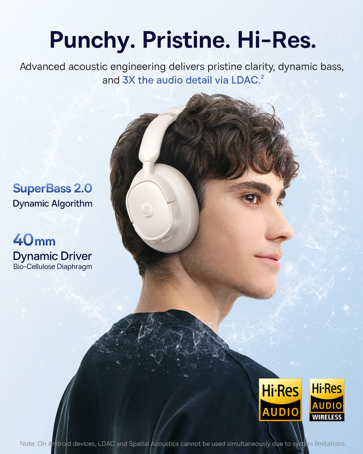 Baseus - Bass BH1 NC Over-Ear Headphones - Adaptive Hybrid ANC,LDAC Hi-Res,80-Hour Playtime,5-Mic AI Calls - White