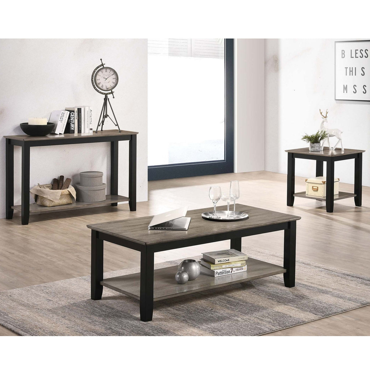 Juego de 3 mesas con estante de almacenamiento abierto, incluye mesa de centro, mesa auxiliar y mesa de consola - Negro / Negro / Gris / Gris