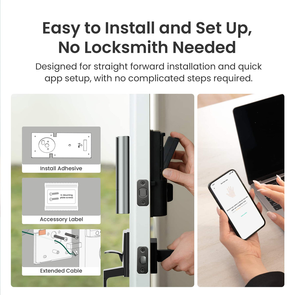 DESLOC - K140 Plus Smart Lock with 10,000mAh Battery Wi-Fi Replacement Deadbolt with Palm Vein Recognition and Auto Lock - Black