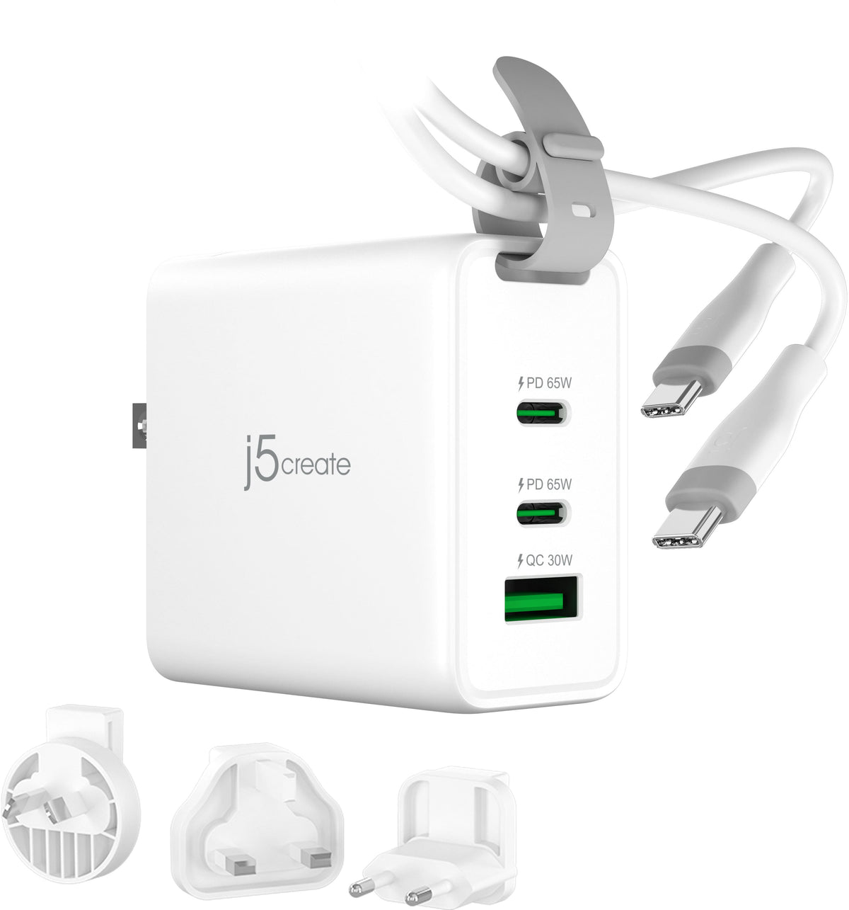 j5create - 65W GaN USB-C® 3-Port Travel Charger with changeable AC plugs and USB-C® cable - White
