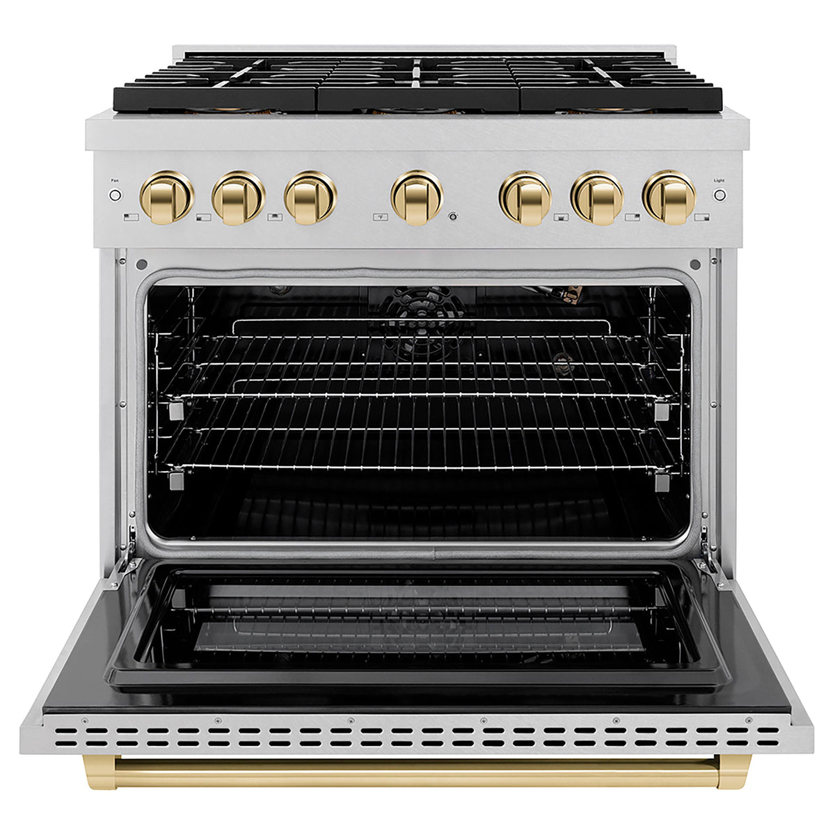ZLINE - 36 in. Wide 6 Burner Autograph 5.2 cu. ft. Freestanding Paramount Gas DuoPro Range in Satin Steel and Polished Gold - Stainless Steel