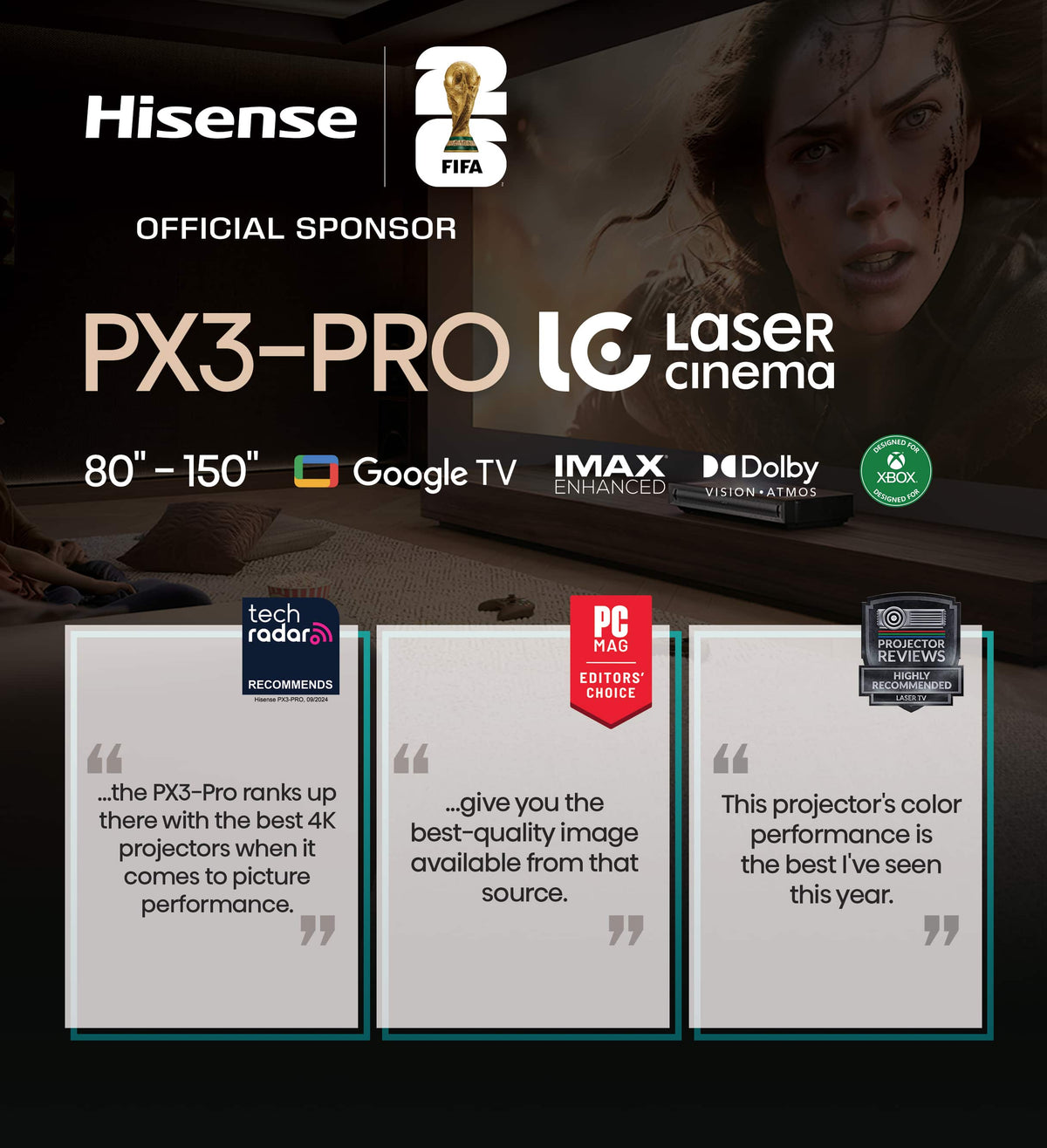 Hisense - PX3-PRO Triple Laser UST Projector, 80"-150", 4K Google TV, IMAX Enhanced, Dolby Vision, 3000 Lumens, Designed for Xbox - Black